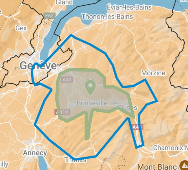 Déplacement >20km : Vallée verte, Genève, Sallanches, La Clusaz, Fillière ...